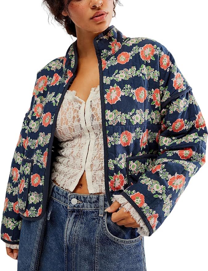 Yeokou Womens Cropped Puffer Jackets Floral Printed Cardigan Lightweight Padded Coat with Pockets | Amazon (US)