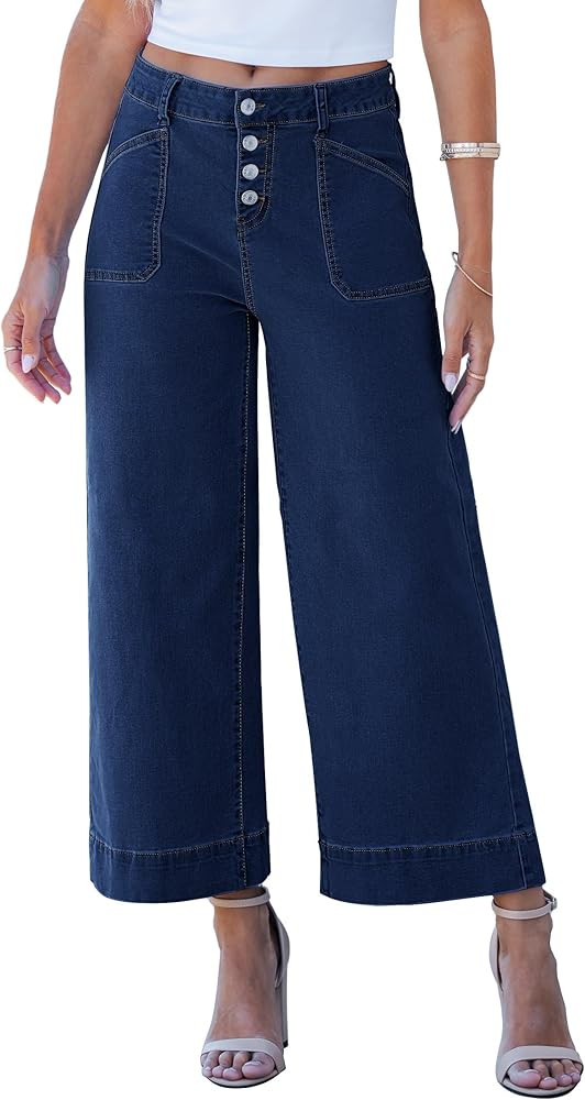 luvamia Wide Leg Jeans for Women Cropped High Waisted Trendy Button Fly Patch Pocket Stretchy Den... | Amazon (US)