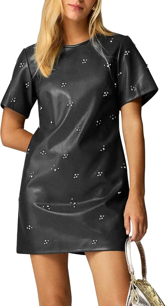 LifeShe Rhinestone Faux Leather Dress for Women Casual Short Sleeve Crew Neck Elegant A-line Mini... | Amazon (US)