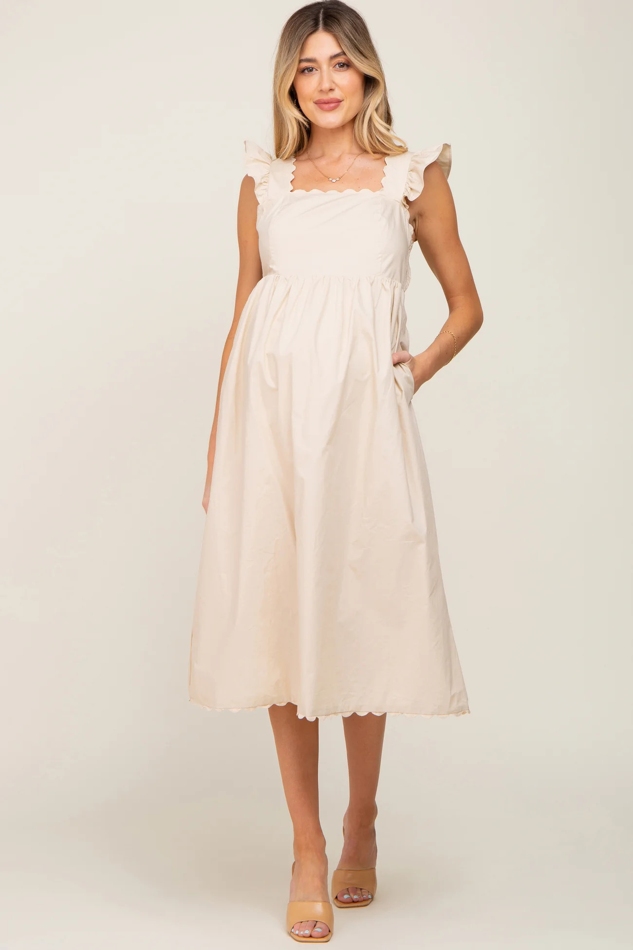 Beige Scallop Flutter Sleeve Maternity Midi Dress | PinkBlush Maternity