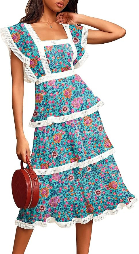 ETCYY Women's Summer Ruffle Dress Tiered Layed Chiffon Lace Short Sleeve Boho Floral Print Party ... | Amazon (US)