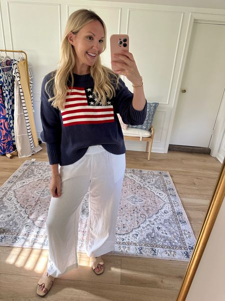 Classic Memorial Day outfit look! It’s sometimes still a little chilly where we are - this outfit would be perfect! Wearing a large in the linen pants and sweater  

#LTKStyleTip #LTKSeasonal #LTKMidsize