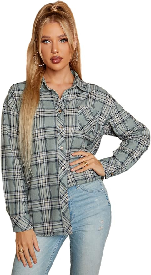 JLCNCUE Women's Long Sleeve Shirt Street Fashion Flannel Plaid Shirt with Pocket Oversized Tops B... | Amazon (US)