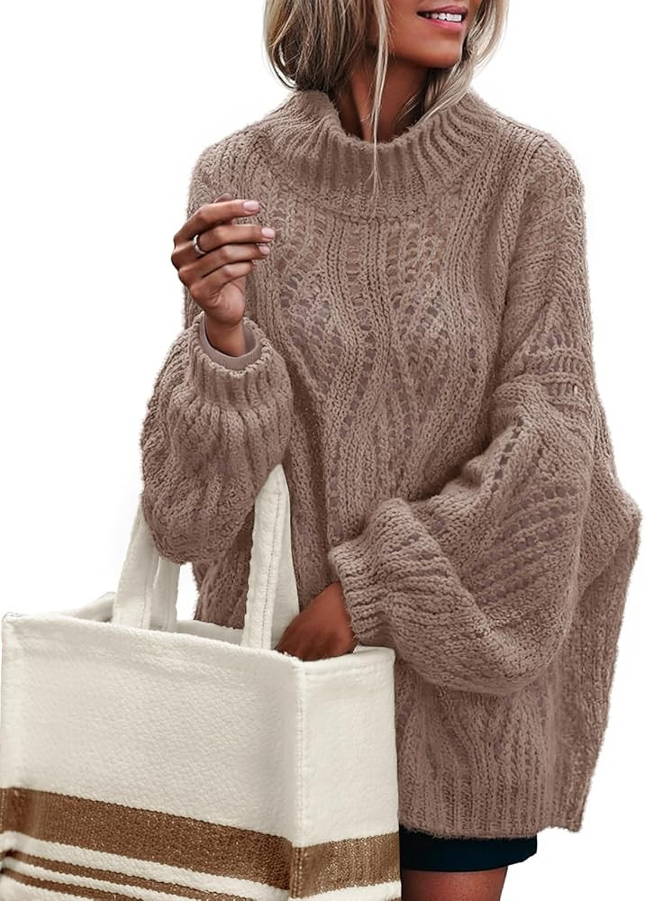 MEROKEETY Fall Sweaters for Women 2025 Oversized Pullover Crochet Lantern Long Sleeve Mock Neck C... | Amazon (US)