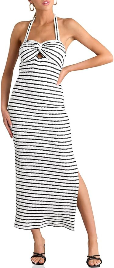 Wenrine Womens Summer Striped Halter Neck Dress Sexy Twist Front Cut Out High Split Casual Sleeve... | Amazon (US)