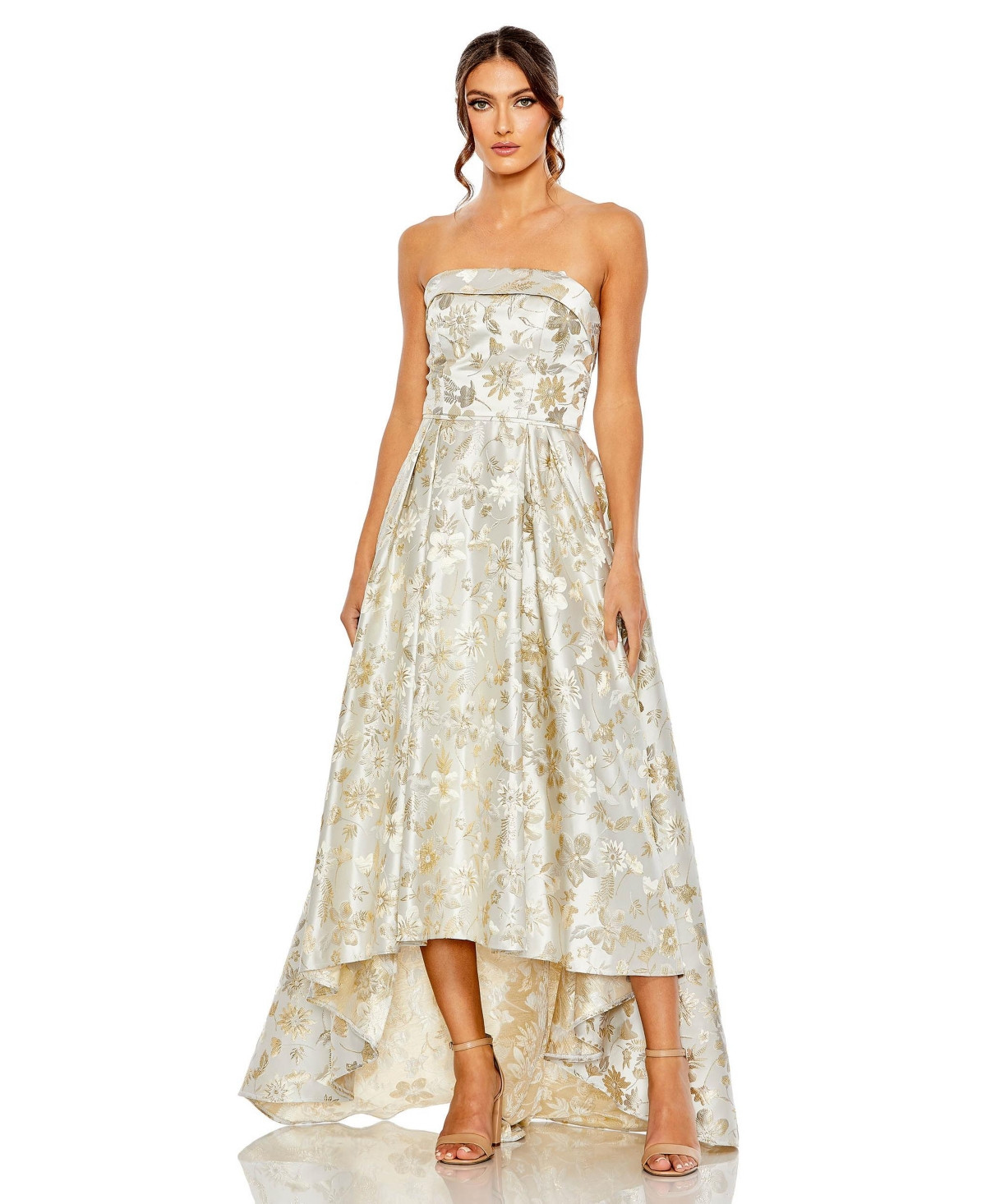 Mac Duggal Women's Brocade Strapless Golden Floral High Low Gown - White gold | Macy's
