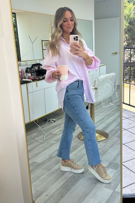 Love this pink striped top for spring + summer! ☀️ And these cutie platform shoes are so comfy! 
My jeans are old Zara so I can’t link them!
#springoutfit #summeroutfit 

#LTKstyletip #LTKshoecrush #LTKwedding
