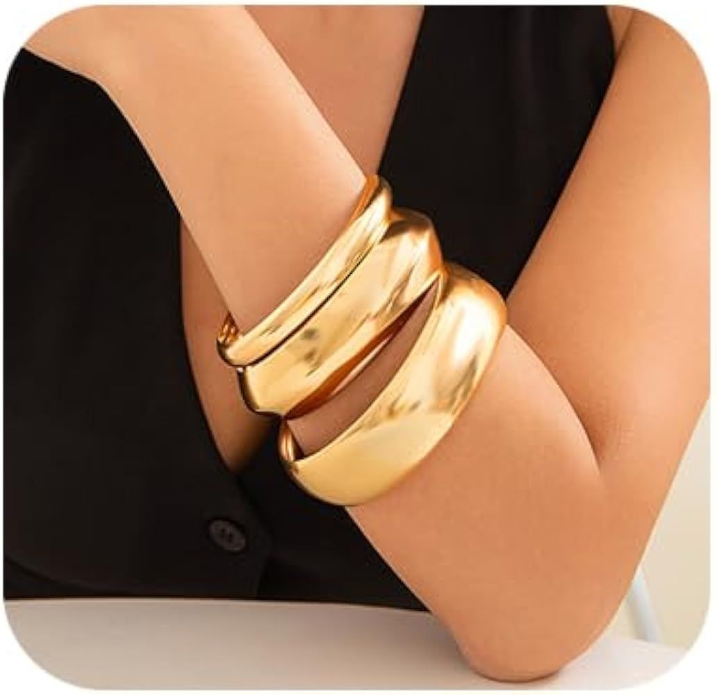 Denifery 3PCS Chunky Gold Bangle Bracelets Trendy Wide Chunky Cuff Bracelets Hammered Wrist Cuff ... | Amazon (US)