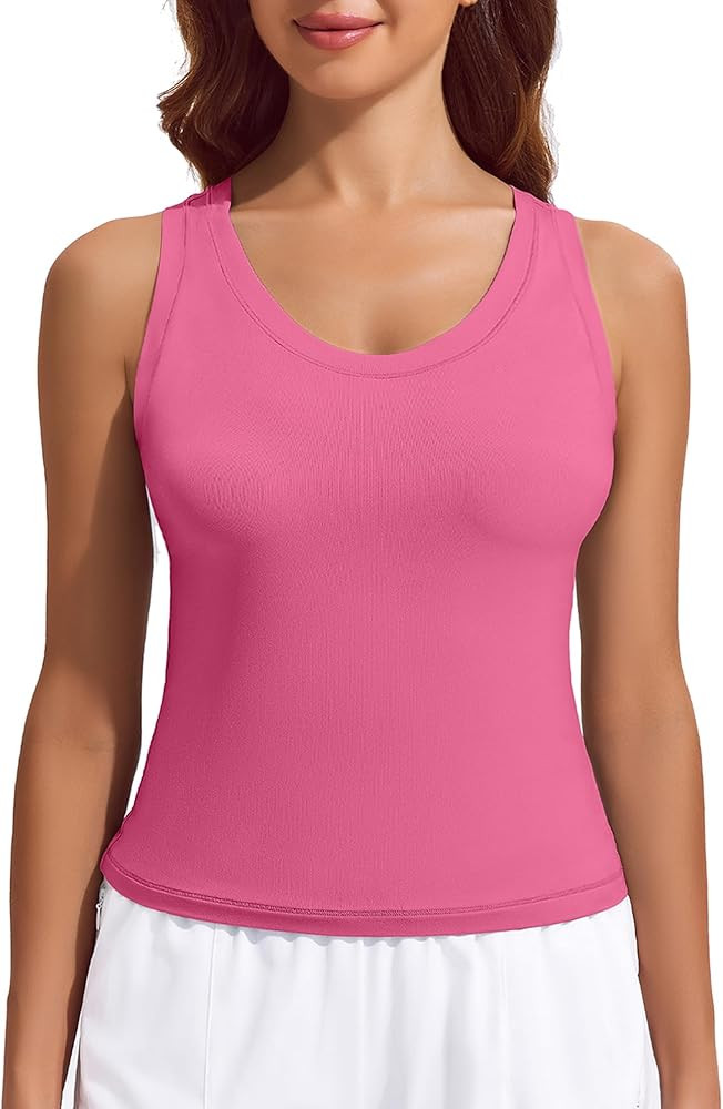 PINSPARK Workout Tops for Women Double Lined Athletic Shirts Scoop Neck Racerback Gym Tanks Sleev... | Amazon (US)