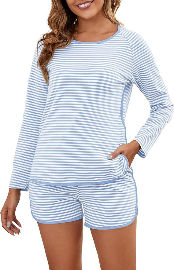 Cotton Pajama Sets for Women Soft 2 Piece Stripe Lounge Set Long Sleeve Shorts Pjs Loungewear Sle... | Amazon (US)