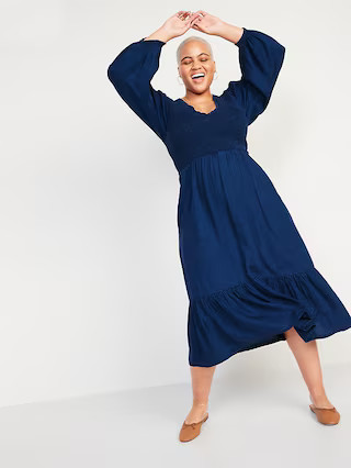 Long-Sleeve Fit & Flare Smocked Midi Dress for Women | Old Navy (US)