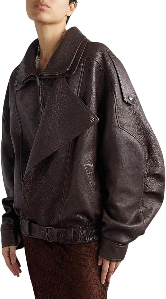 utcoco Women's Oversized Faux Leather Jacket Vintage Large Collar Belted Waist Moto Biker Jacket ... | Amazon (US)