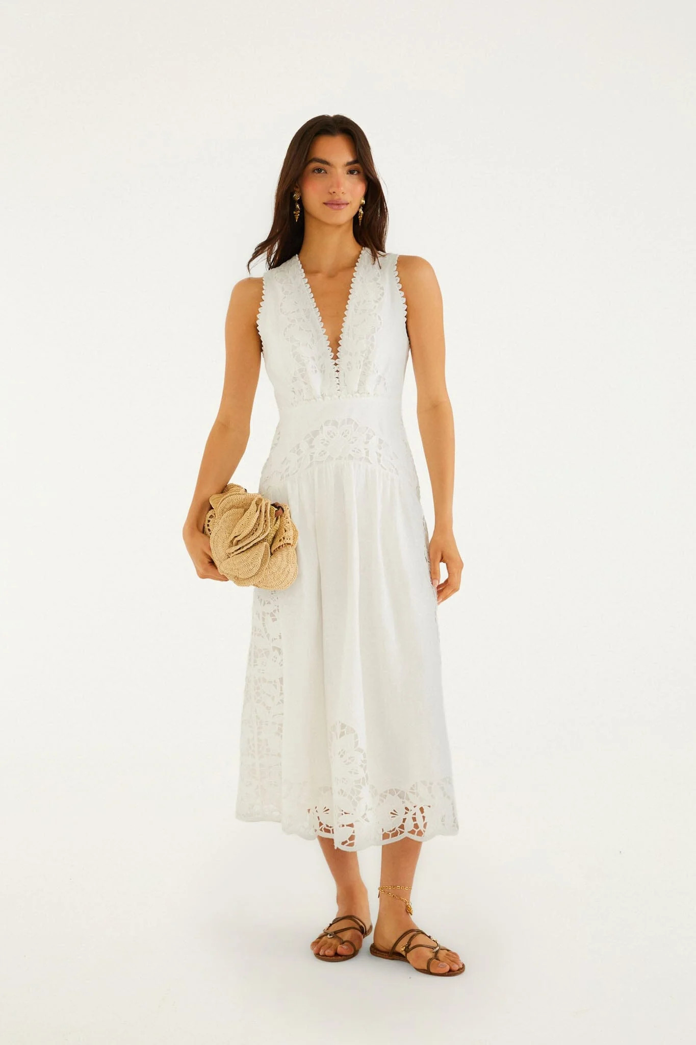 Off-White Richelieu V Neck Sleeveless Midi Dress | FARM Rio | FarmRio (US)