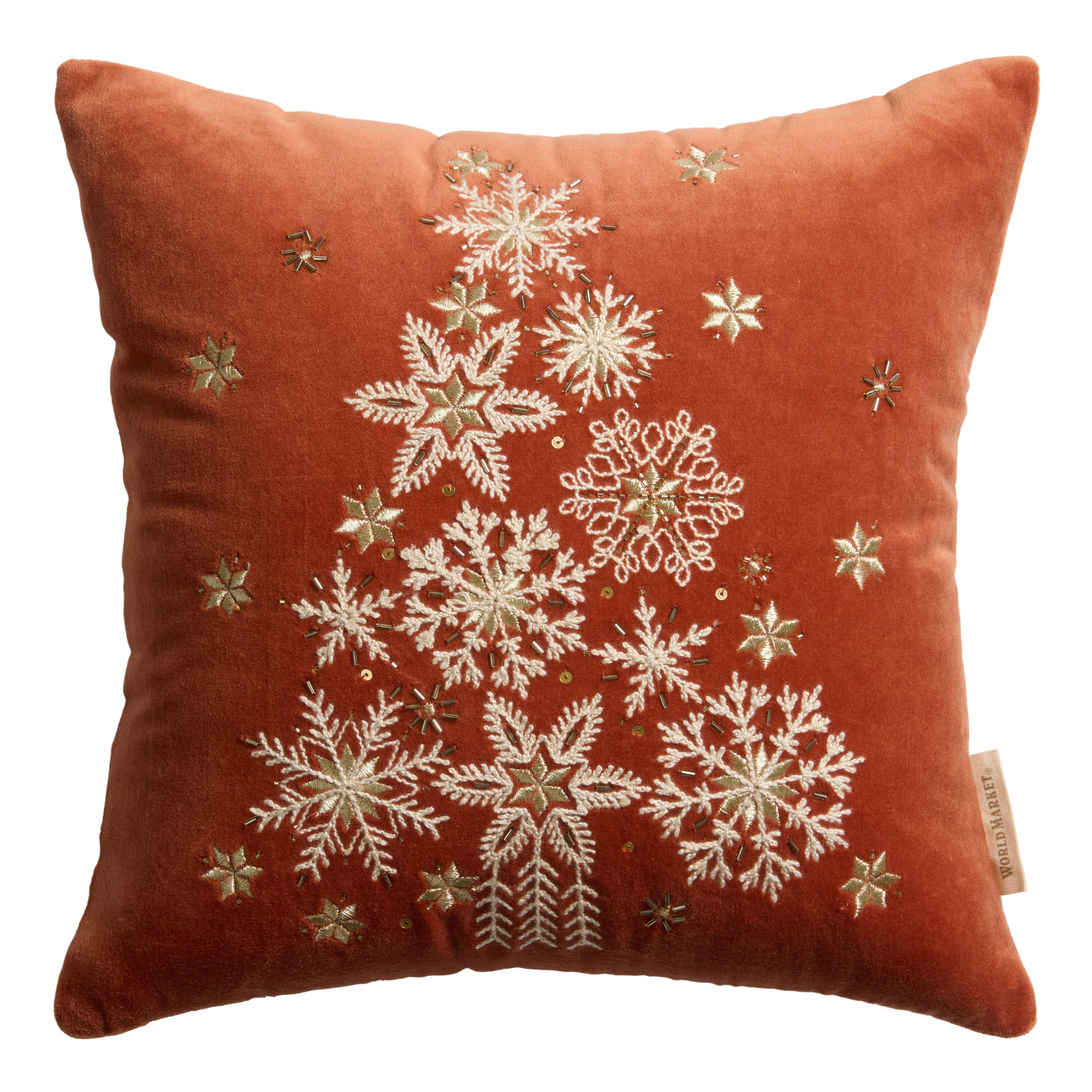 Coral Velvet Snowflake Tree Beaded Throw Pillow | World Market