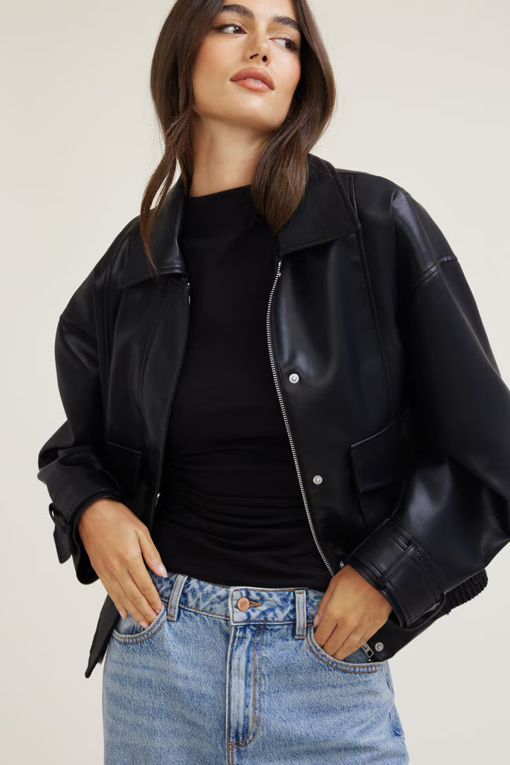 Oversized Faux Leather Aviator Jacket | Dynamite Clothing