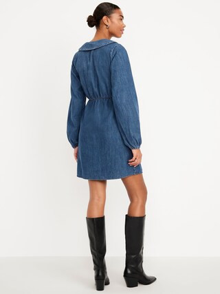 Long-Sleeve Fit & Flare Collared Jean Mini Dress | Old Navy (US)
