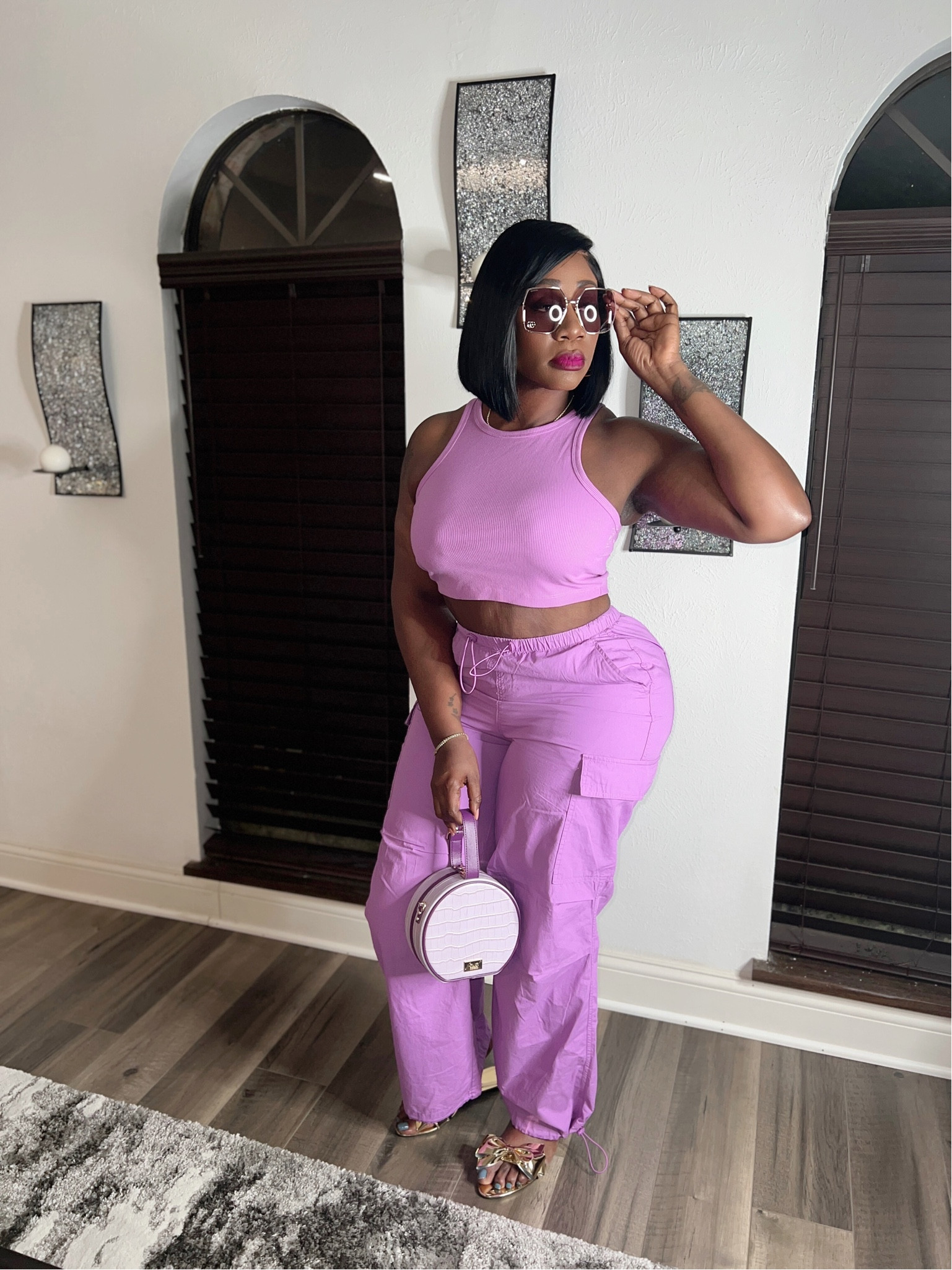 Cute and comfy in lilac color parachute cargo pants and lilac cropped top 💜