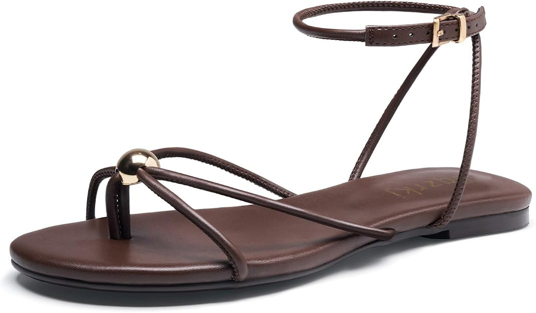 Strappy Flat Sandals for Women Comfortable Open Toe Ankle Strap Thong Sandals Summer Beach Dressy... | Amazon (US)
