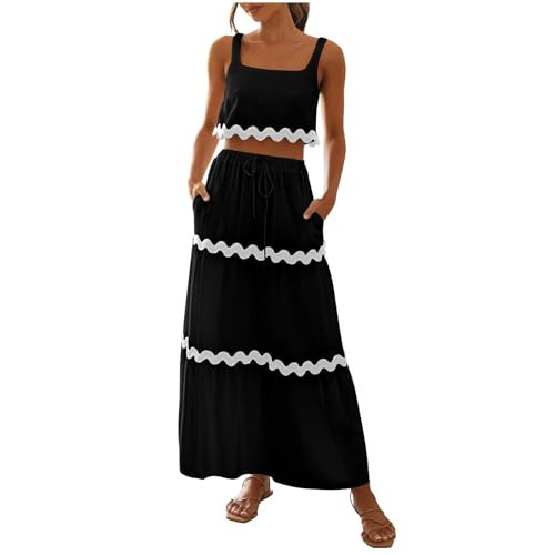 Women's 2024 Summer Two Piece Vacation Beach Outfits Cute Sleeveless Cropped Tank Tops and Drawstring Long Skirt Sets Black | Amazon (US)