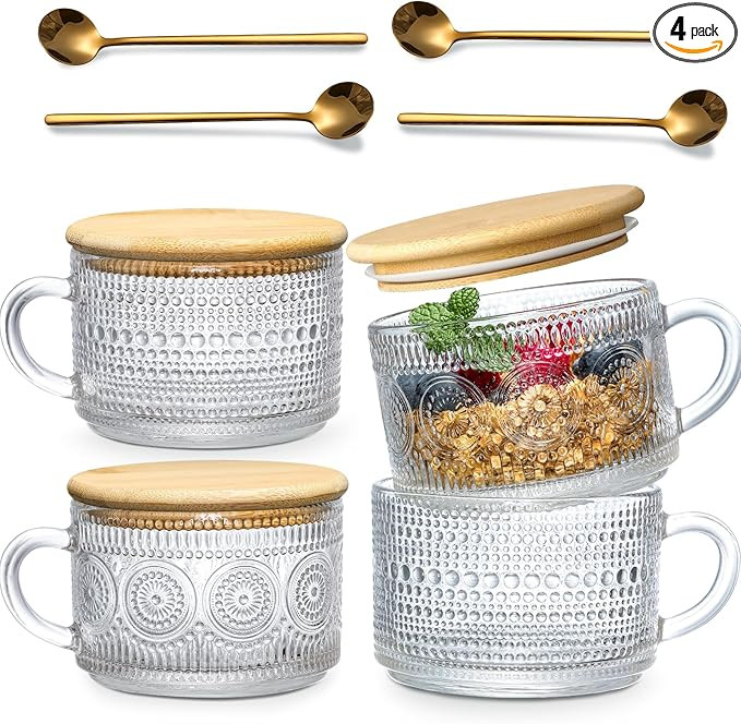 4pcs Set Vintage Coffee Mugs gifts for women, Overnight Oats Containers with Bamboo Lids and Spoo... | Amazon (US)