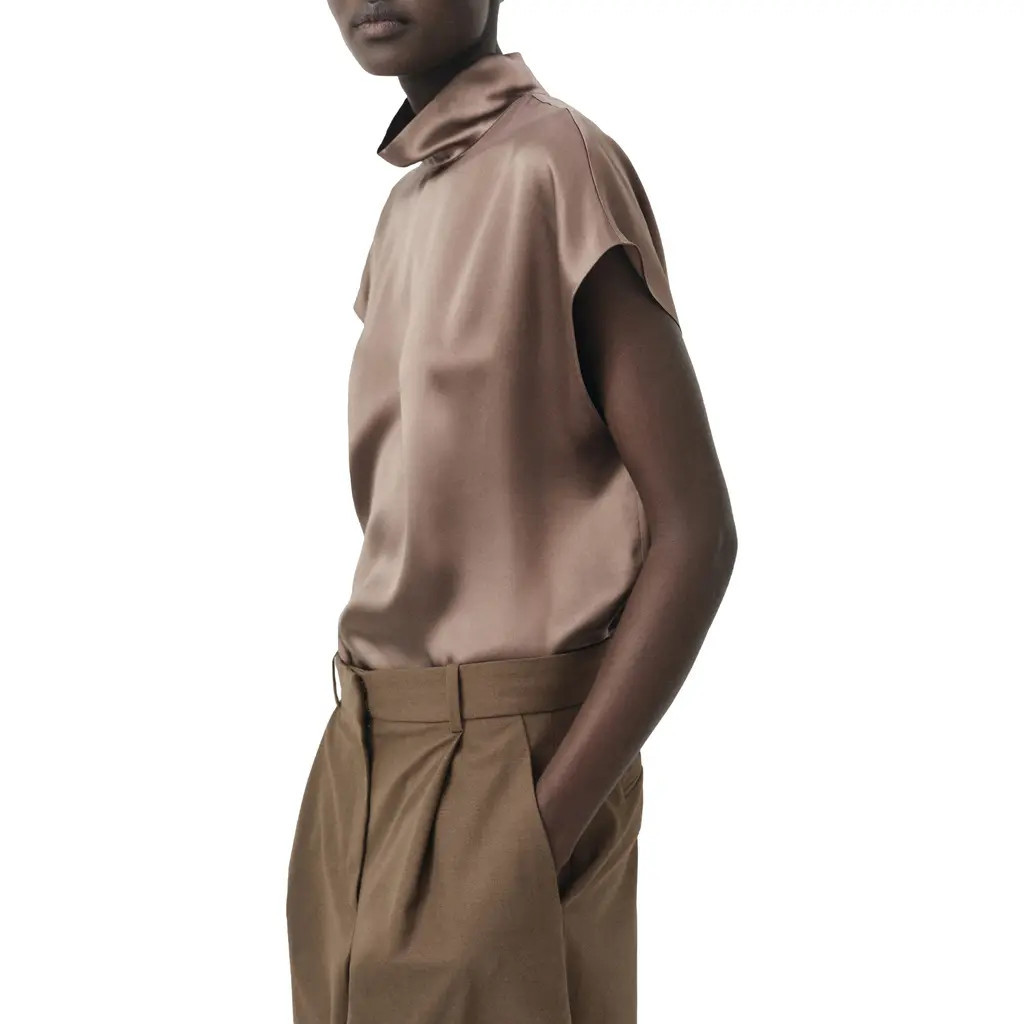 MANGO Selection Mock Neck Silk Satin Top in Medium Brown at Nordstrom, Size 6 | Nordstrom