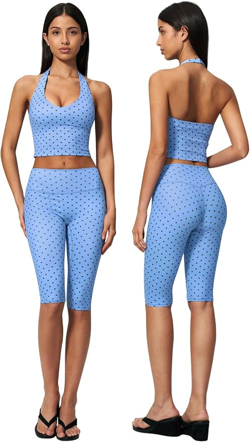 Womens Workout Sets Polka Dots Two Piece Crop Top Matching High Waist Capri Pants Gym Pilates Out... | Amazon (US)