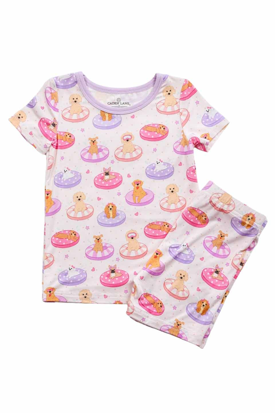 Two Piece Short Pajama Set | Poolside Pups Pink | Caden Lane
