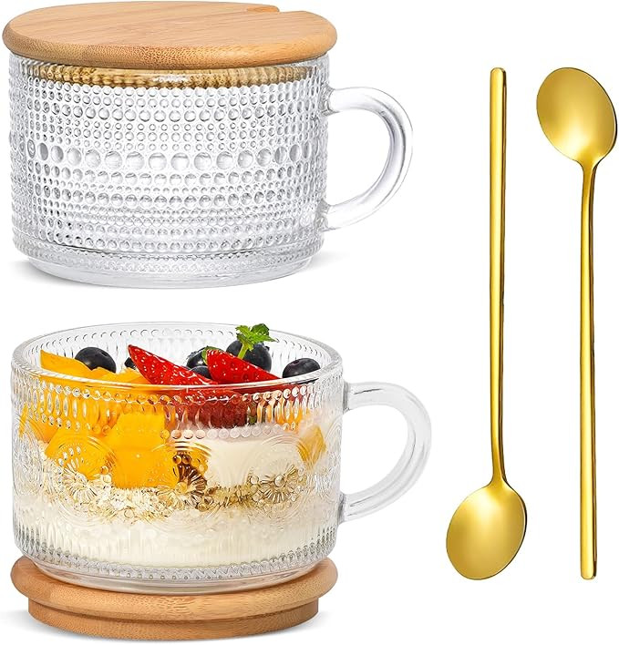 Vintage Coffee Mugs Set of 2 Embossed Tea Cups, Overnight Oats Containers with Bamboo Lids and Sp... | Amazon (US)