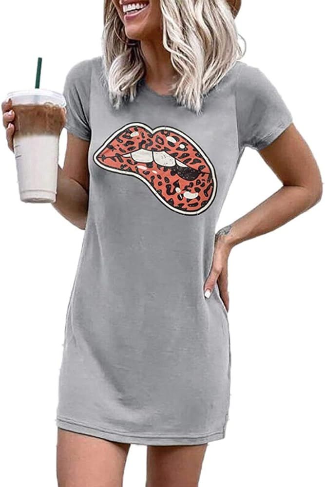 Women's Summer Lip Printed Tunic Dress Crew Neck Short Sleeve Casual Graphic Tshirt Dresses | Amazon (US)