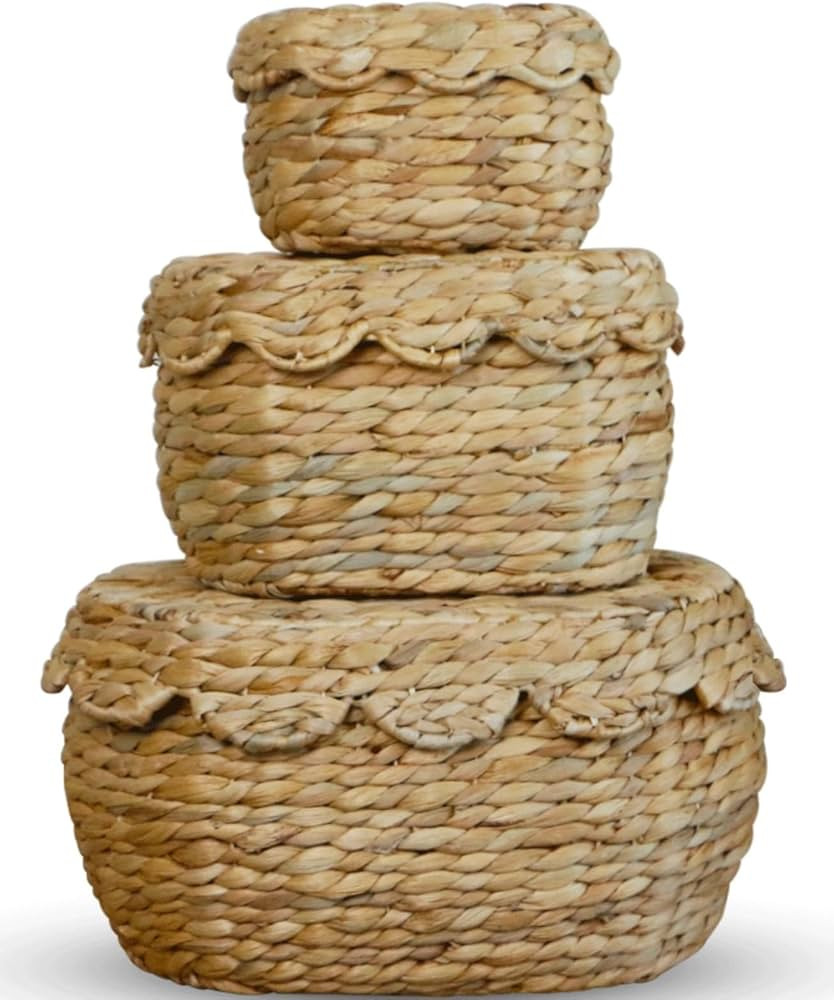 Scalloped Basket with Lid Set of 3,Stackable Baskets for Organizing, Scalloped Wicker Basket, Wov... | Amazon (US)