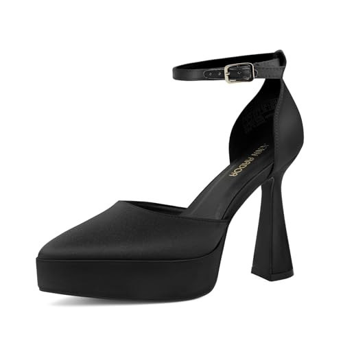 JENN ARDOR Women’s Chunky Platform High Block Heels Pointed Closed Toe Ankle Strap Comfortable Sexy Party Dress Wedding Pumps Shoes Black-Satin | Amazon (US)