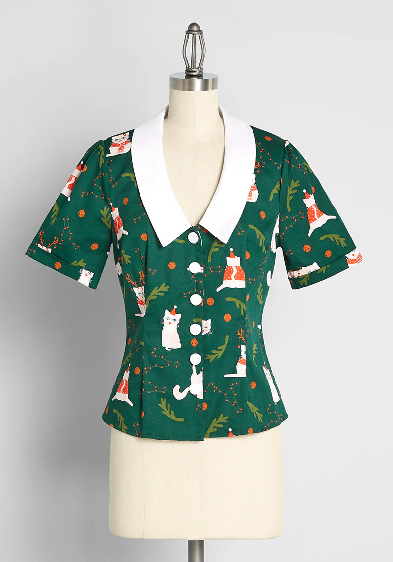 Felines Feeling Festive Button-Up Blouse | ModCloth