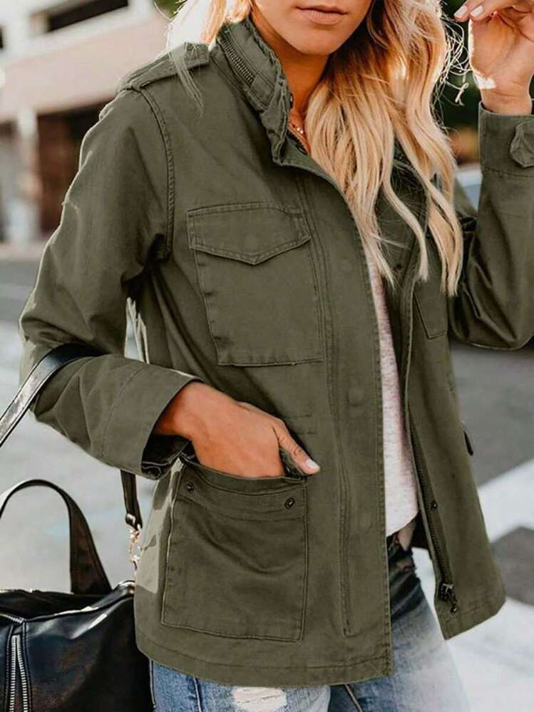 Women Jackets Military Anorak Jacket Zip Up Snap Button Parka Utility Coat Outwear With Pockets Chaquetas Para Mujer | SHEIN