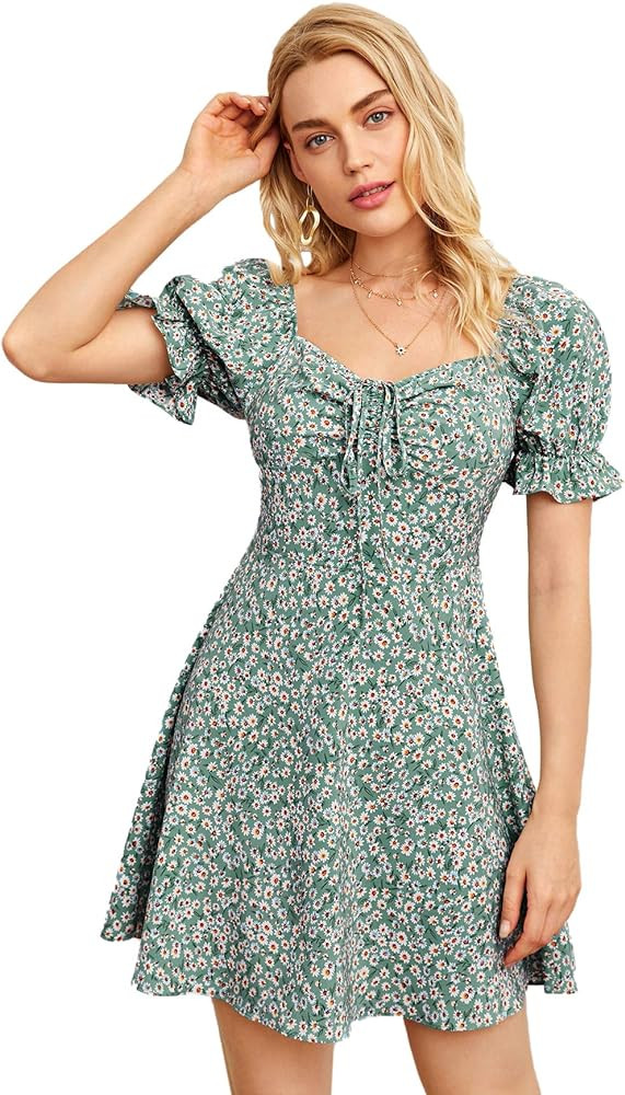 Verdusa Women's Floral Puff Short Sleeve Ruched A Line Dress V Neck Ruffle Mini Short Dresses | Amazon (US)