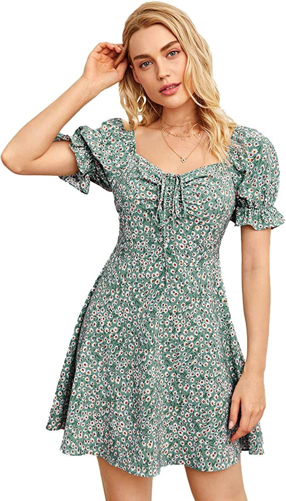 Verdusa Women's Floral Puff Short Sleeve Ruched A Line Dress V Neck Ruffle Mini Short Dresses | Amazon (US)