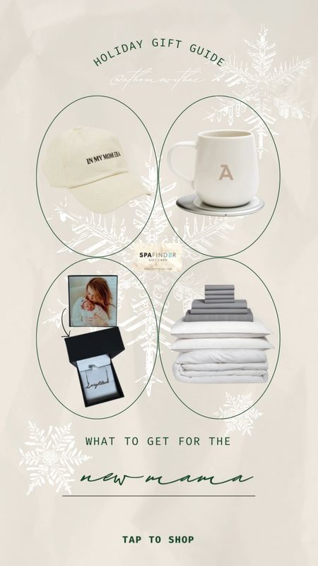 Gift guide for new mama, personalized name necklace with photo box, mug warmer, luxe bed sheets, spa gift card, in my mom era ballcap

#LTKSeasonal #LTKHoliday #LTKGiftGuide