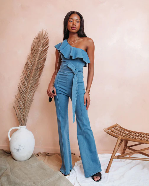 Cameran Cotton One Shoulder Flare Jumpsuit - Denim | VICI