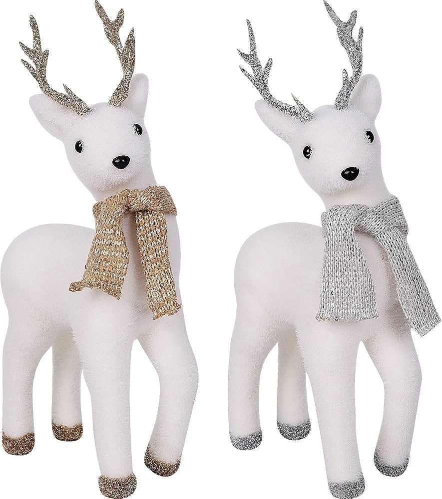 Lulu Home Christmas Tabletop Ornaments, Set of 2 Flocking White Standing Reindeer Figurines with ... | Amazon (US)