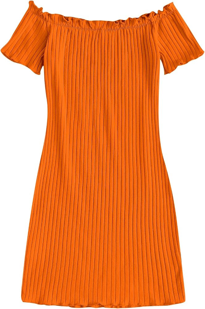 SOLY HUX Girl's Off Shoulder Short Sleeve Lettuce Trim Bodycon Short Dress | Amazon (US)