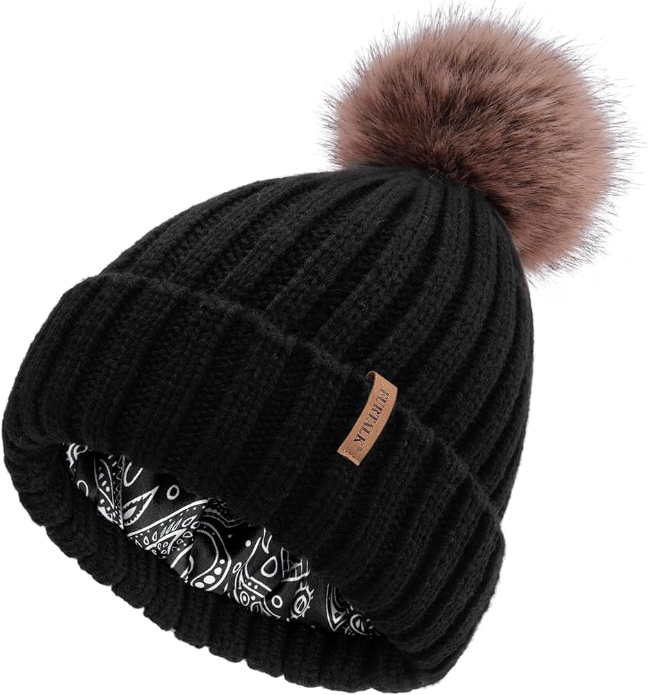 FURTALK Womens Winter Beanie Hat Satin Lined Faux Fur Pom Pom Beanies Hat for Women Winter Warm K... | Amazon (US)