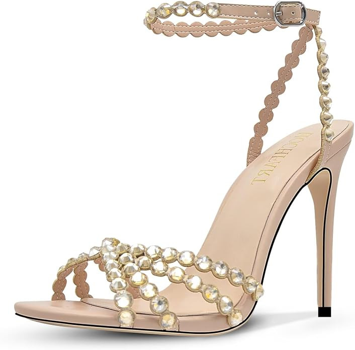 Women's Rhinestone Stiletto High Heels Buckle Strappy Heeled Sandals Round Toe Sexy Dressy Pumps ... | Amazon (US)