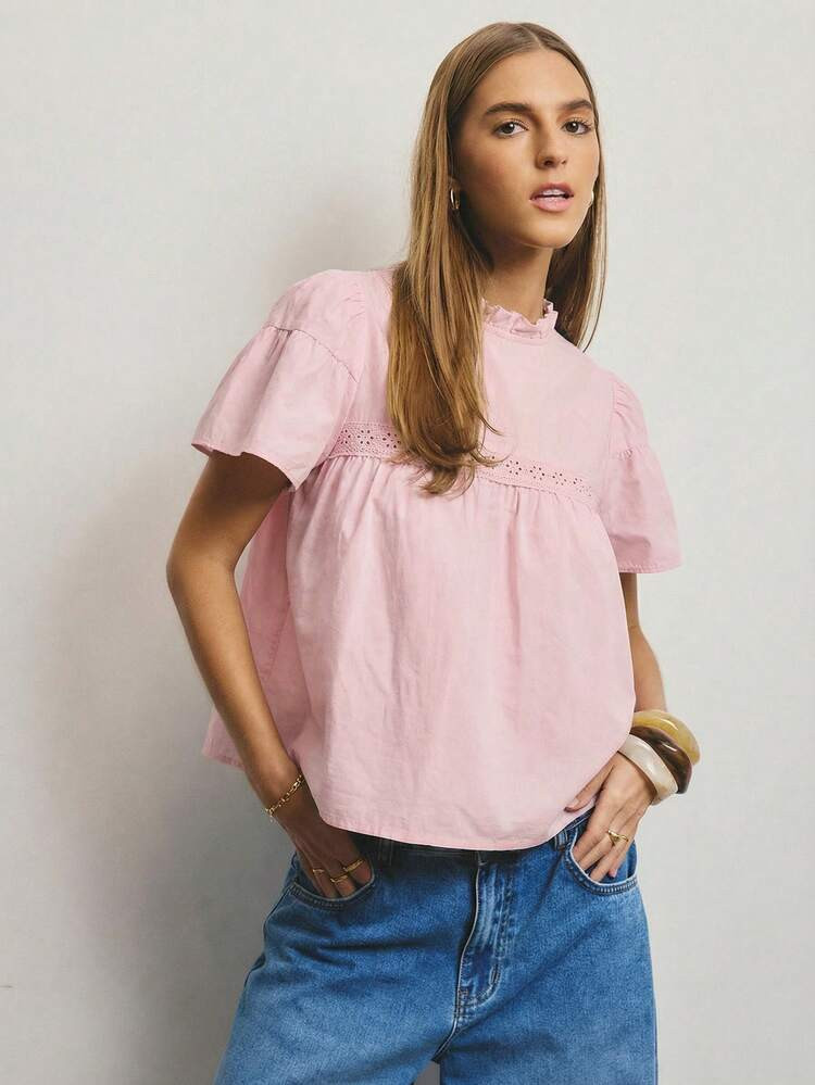 Aralina Women's Solid Color Ruffled Collar Loose Fashionable Elegant Resort Style Blouse Pink Babydoll Top Smocked Top Pink Ruffle Top Summer Shirts Woman | SHEIN