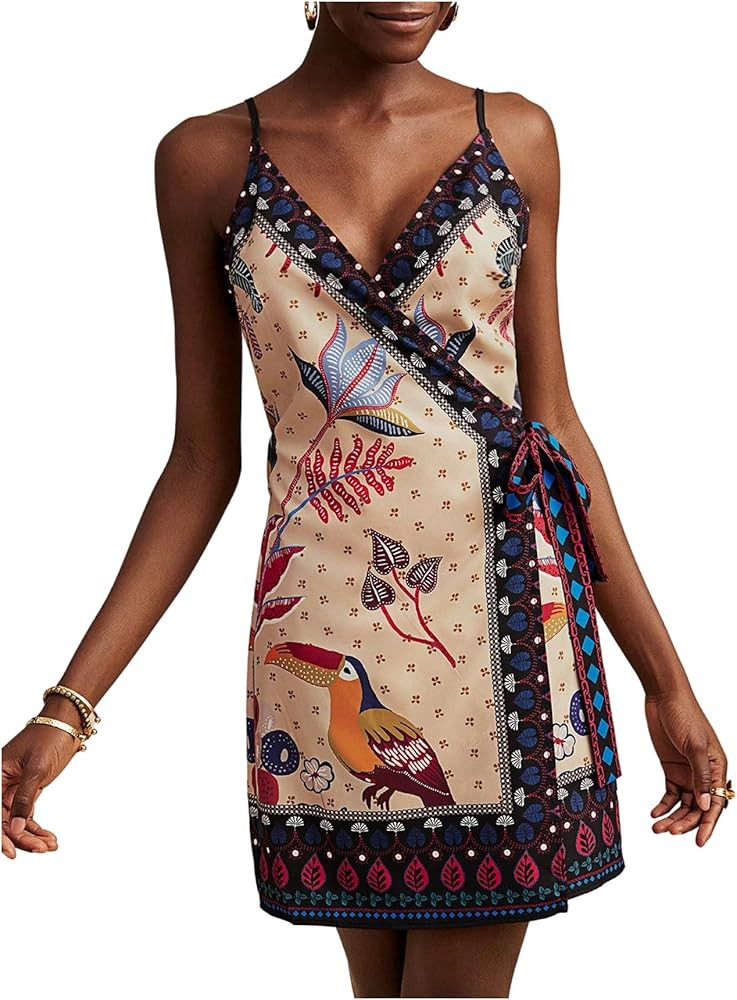 RoseSeek Women's Tropical Print Cami Dress Sleeveless Wrap V Neck Tie Knot Boho Short Dresses | Amazon (US)