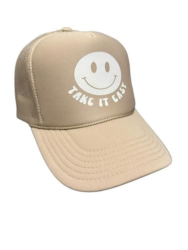 Take It Easy Trucker Hat, Smiley Face, Pool Hat, Lake, Beach, Casual, Hats for Women, Popular Trucker, Trending, Otto Trucker Hats, Khaki, Snapback | Amazon (US)