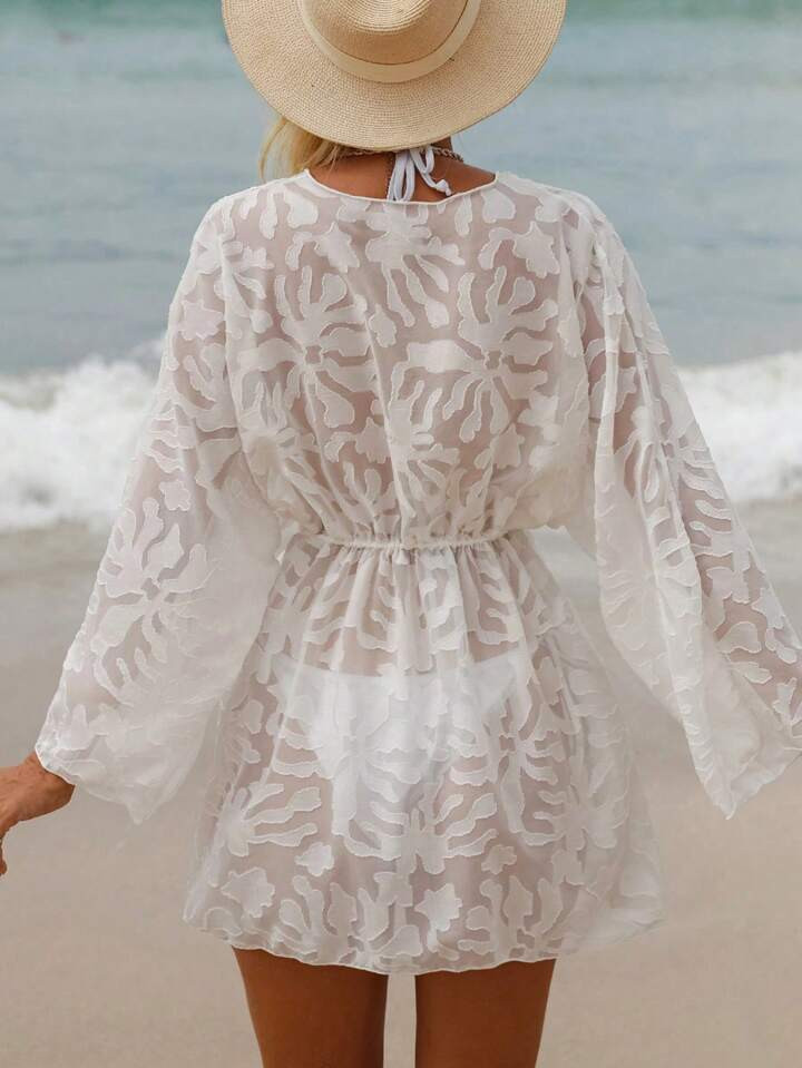 Swim Vcay Women's Drawstring Waist Long Sleeve Cover-Up Wedding,Summer Beach | SHEIN