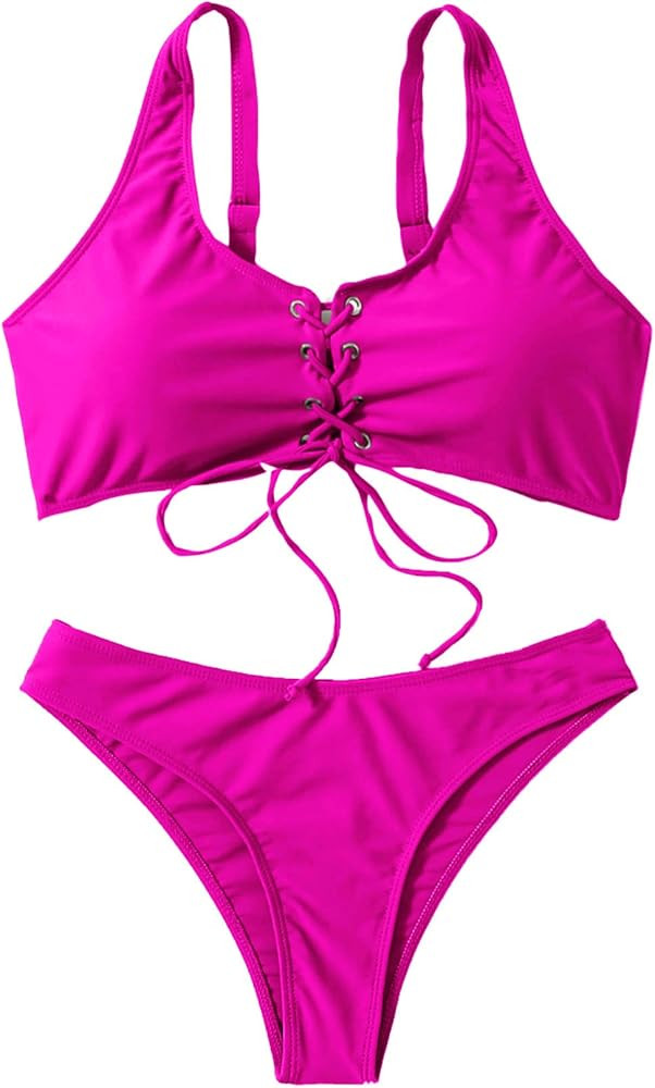SweatyRocks Women's Sexy Bikini Set Lace Up Solid Color Two Piece Bathing Swimwear Suits | Amazon (US)