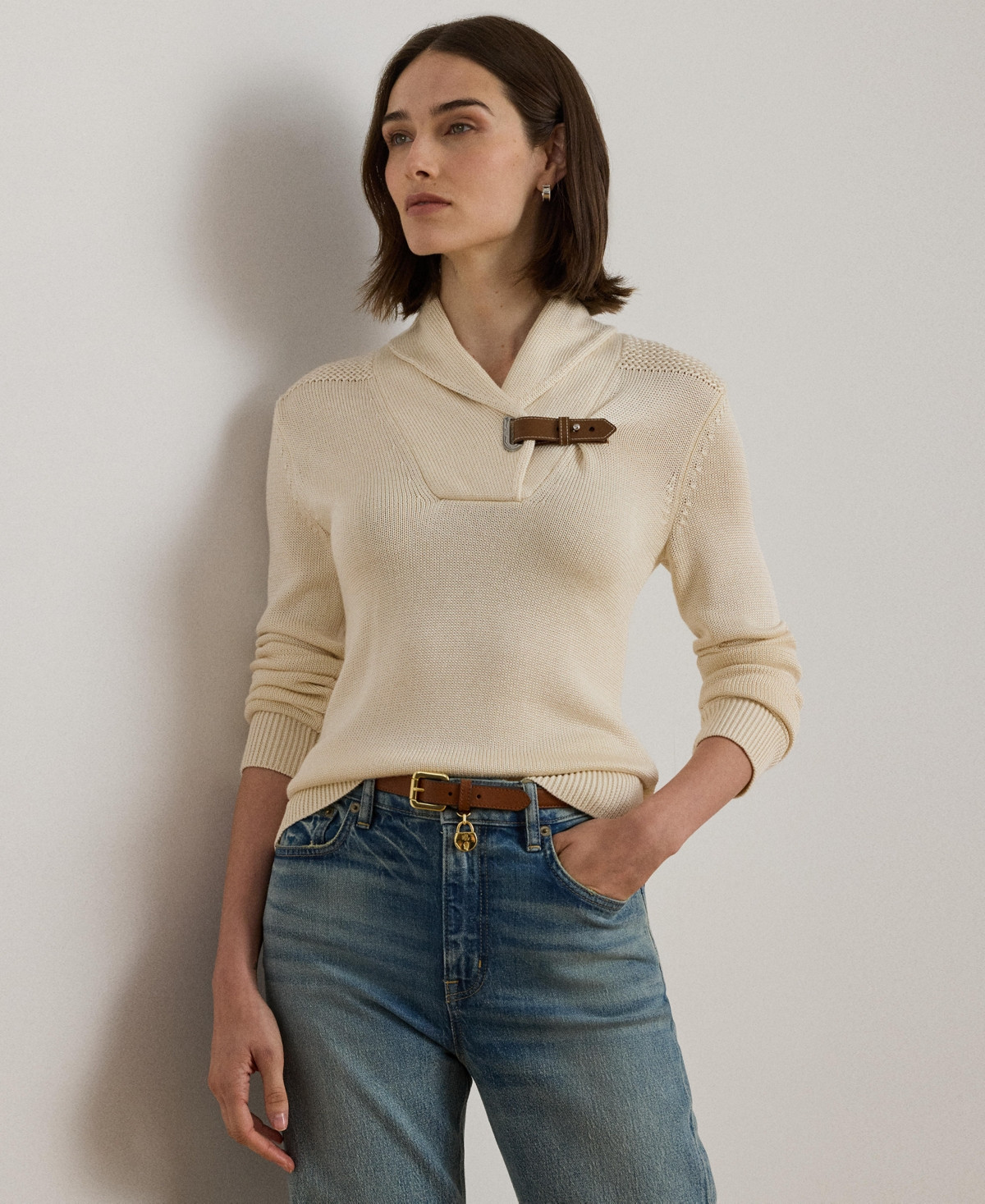 Lauren Ralph Lauren Women's Sabree Long Sleeve Buckle-Trim Sweater - Mascarpone Cream | Macy's