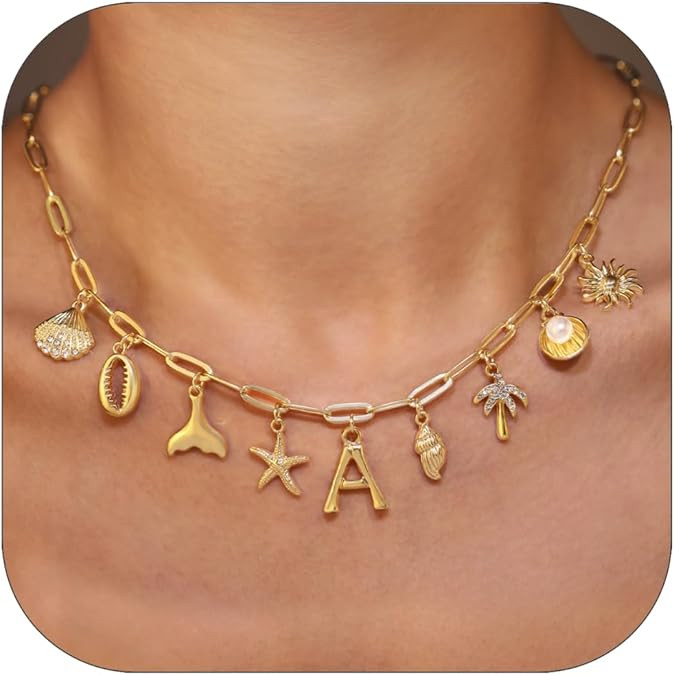 Initial Charm Necklace For Women Shell Letter Necklaces Gold Charms Pendant Boho Summer Seashell ... | Amazon (US)