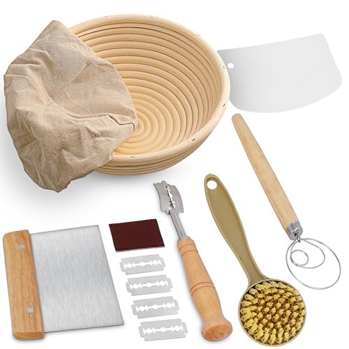 Swice Bread Proofing Basket, Round 9-Inch Banneton Sourdough Starter Kit with Lame, Dough Scraper, Linen Liner, and Basting Brush, Complete Bread Making Supplies and Tools | Amazon (US)