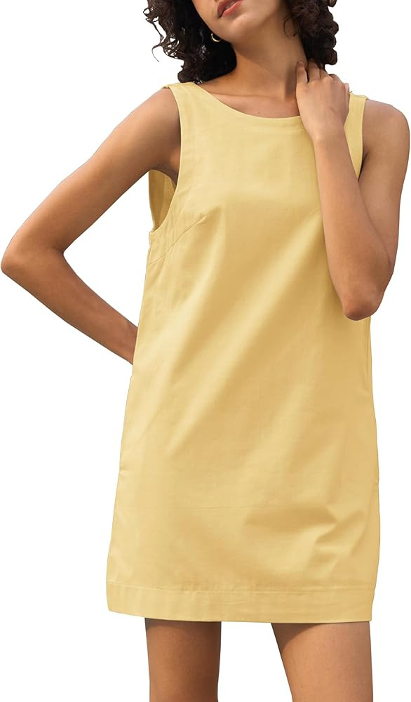 Womens Summer Crew Neck Sleeveless Open Back Dress Casual Beach Sunshine Cotton Linen Mini Dress | Amazon (US)